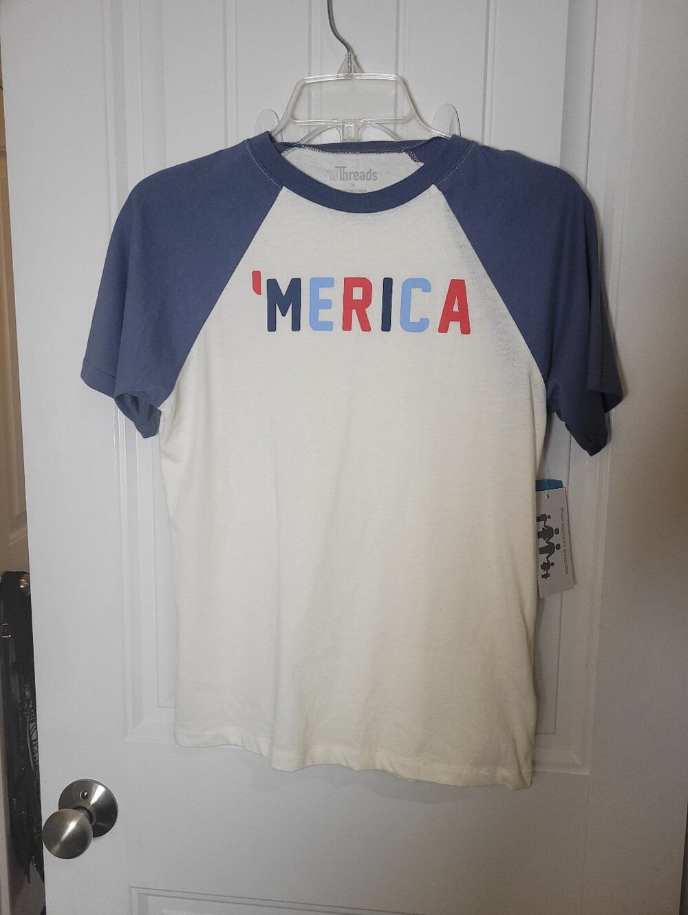 'Merica Raglan Youth Short Sleeve Shirt - White with Blue Sleeves